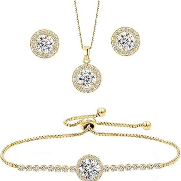 Hypoallergenic Round Cubic Zirconia Earrings Necklace Bracelet Set Prom Party - Picture 1 of 5